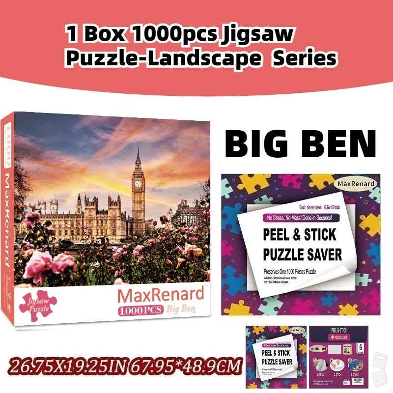 Sunset Big Ben Puzzle Set：1000 Pieces Big Ben Landscape Jigsaw Puzzle 26.75x19.25 Inch Cardboard Puzzle with 6  Stickers