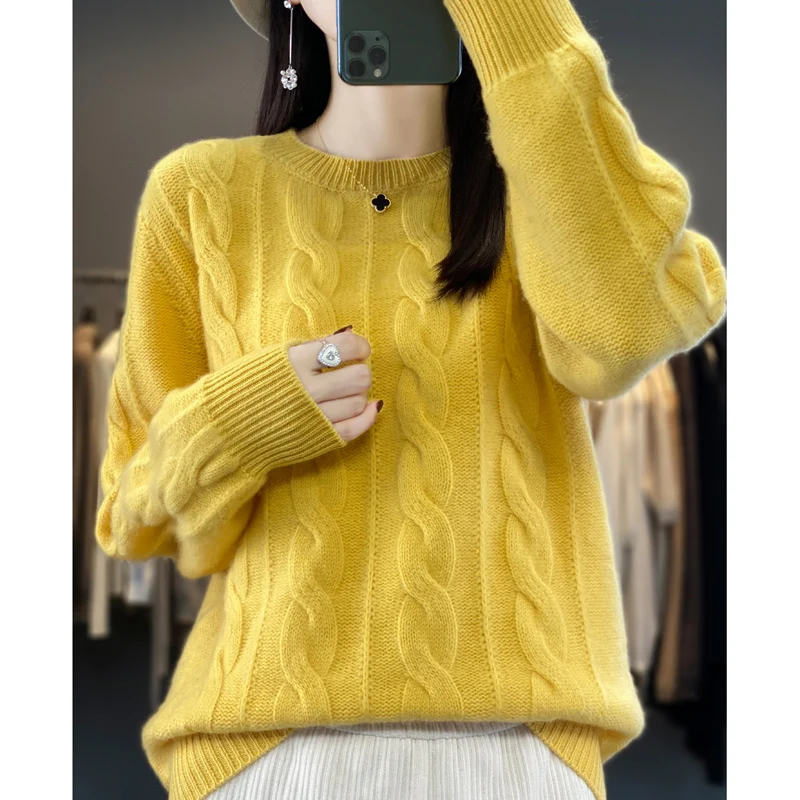 24 autumn and winter new 100% pure wool female O-neck twist thick sweater loose long-sleeved cashmere bottoming shirt