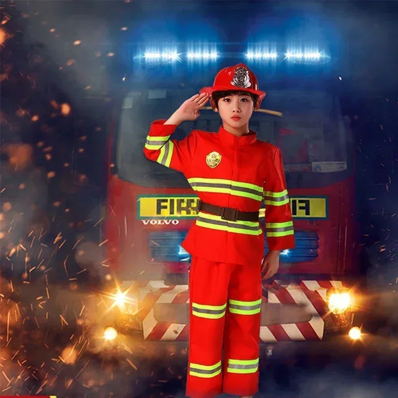 Kids Firefighter Halloween Cosplay Uniform Toys Children Sam Firemen Role Work Clothing Suit Boy Girl Performance Party Costumes