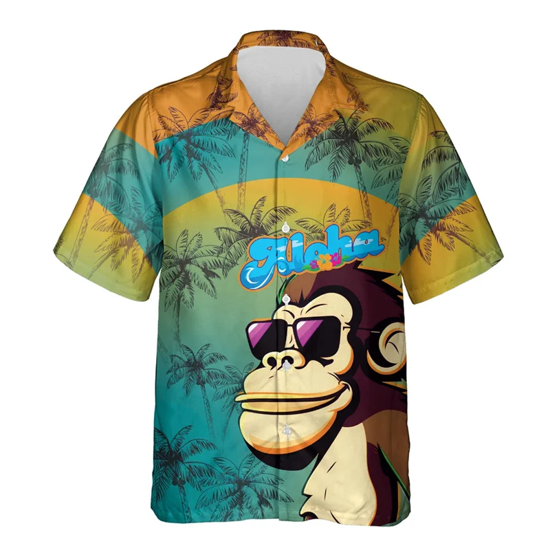 Funny Bigfoot Collection Graphic Beach Shirts For Men Casual Hawaiian Animal Short Sleeve Vacation Lapel Blouse Monkey Ape Tops