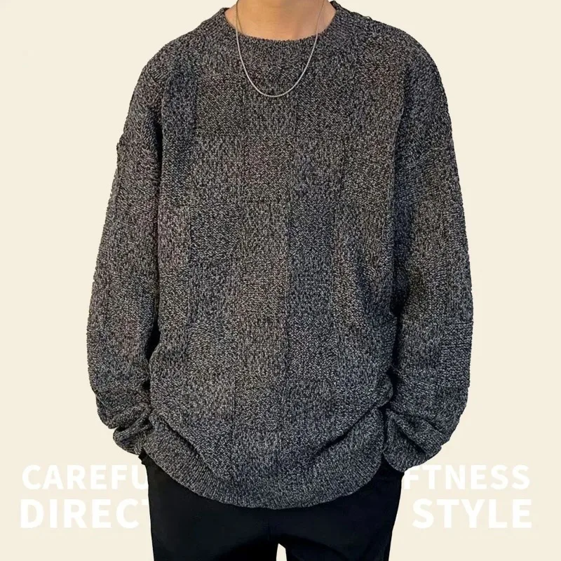 Men Crew Neck Check Pullover Sweater Japanese Style Casual Versatile Knit Base Top For Winter