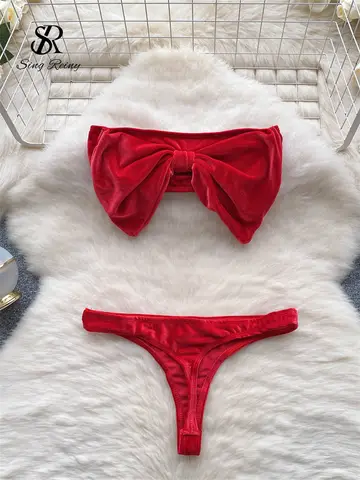 SINGREINY Christmas Erotic Lingerie Suits Ladies Strapless Bodycon Short Sleepwear Fashion Velvet Bow Sensual Underwear Sets