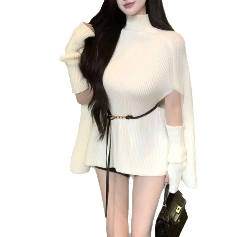 Detachable Sleeve Knitted Sweater Women Pullovers For Woman Autumn Balloon Wide Collar Patchwork Layered Style Bohemian Date Ins