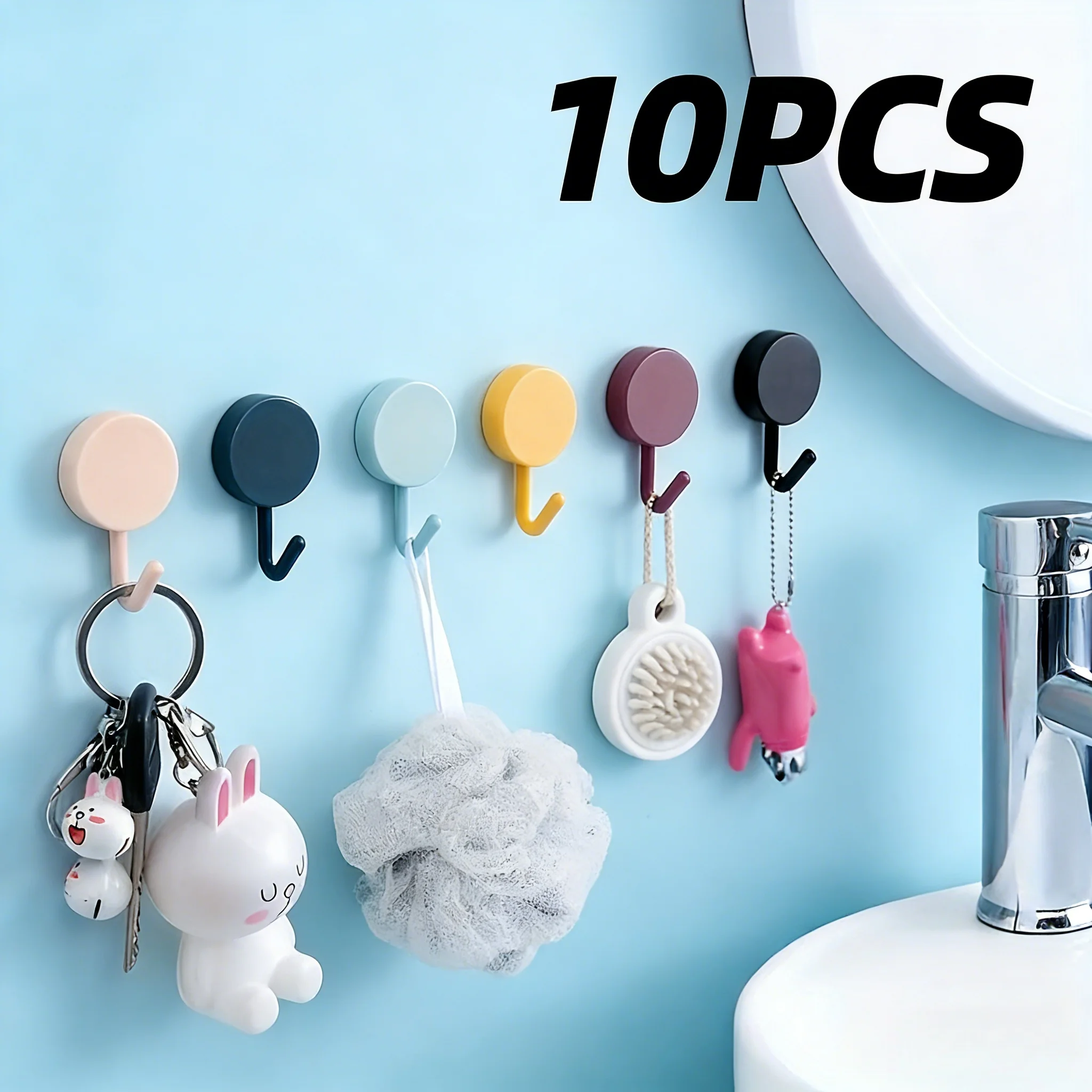 A ten-pack of mini adhesive hooks in mixed colors. Multi-purpose space-savers for home and office organization.
