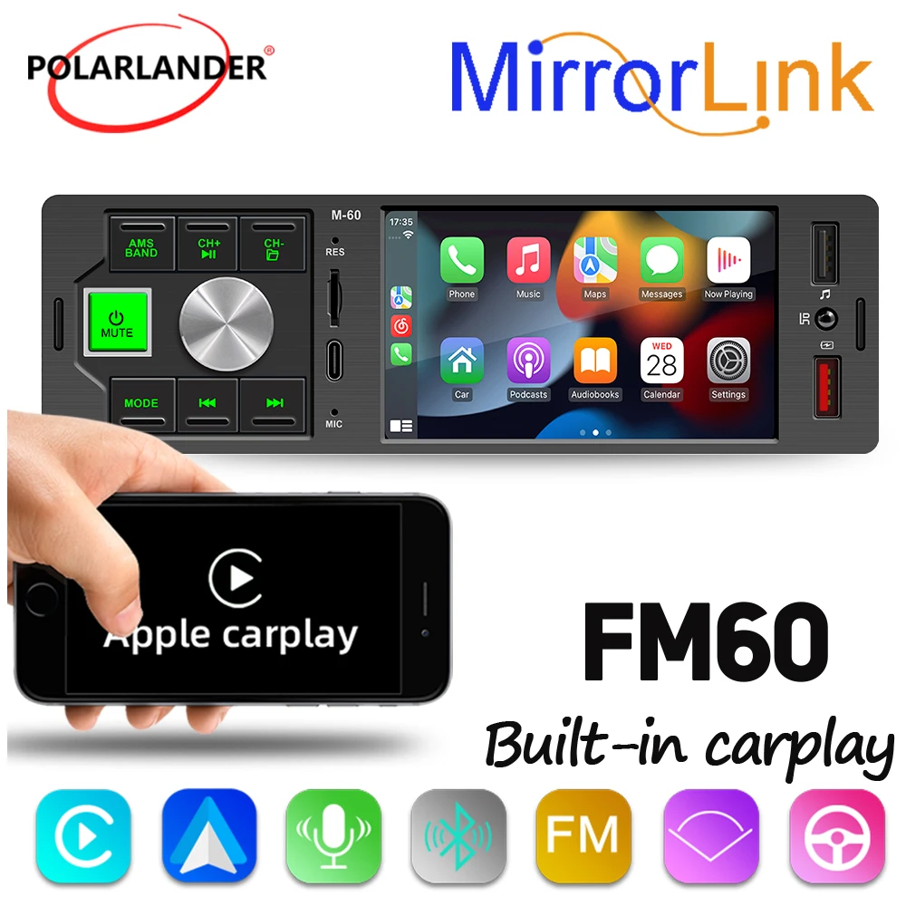 MP5 Player 60W 4.1in Audio format MP3/AAC/APE/OGG/M4A/RA/WAV 1DIN Carplay Car Stereo Radio Bluetooth TF USB Mirror Link Type-C