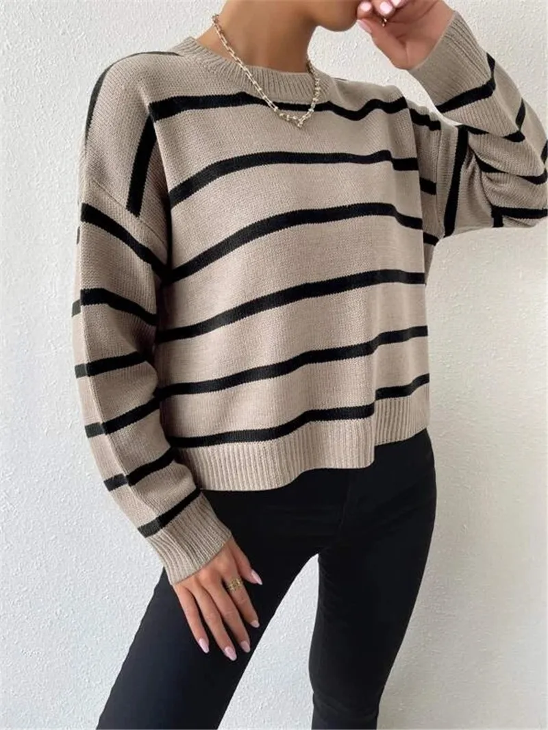 Women\'s autumn new loose round neck striped knitted pullover sweater