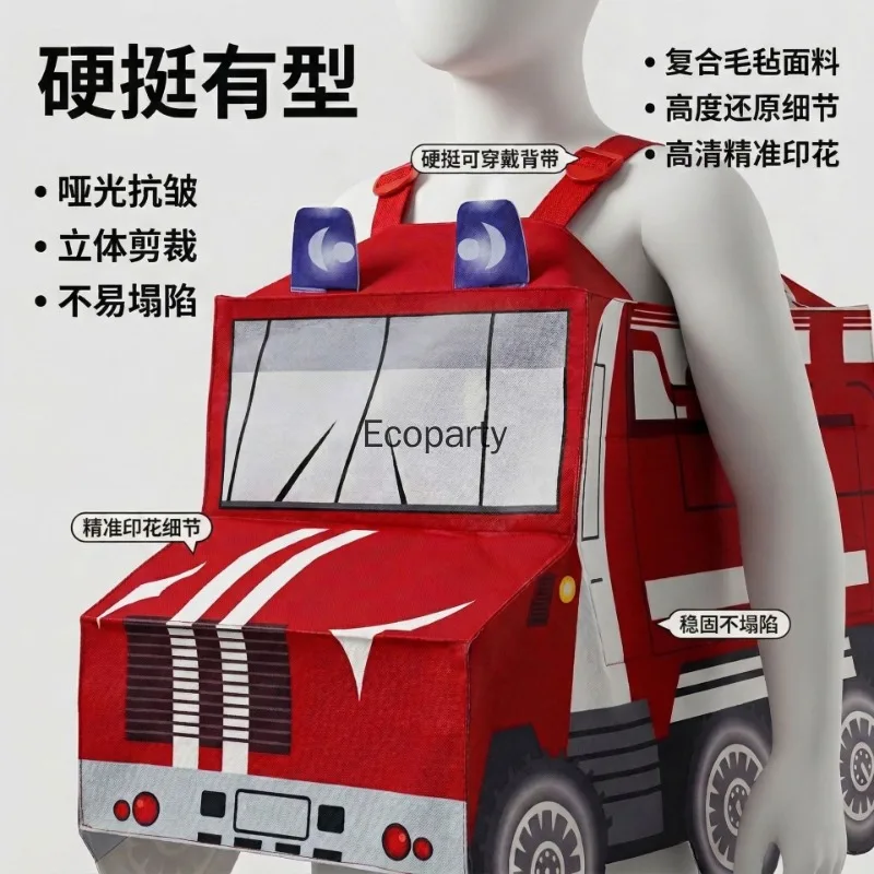 Kids Funny Fire Engine Ambulance Costume Boy Girls Firefighter Truck Car Cosplay Coverall with Hat Halloween Performance Outfits view 6