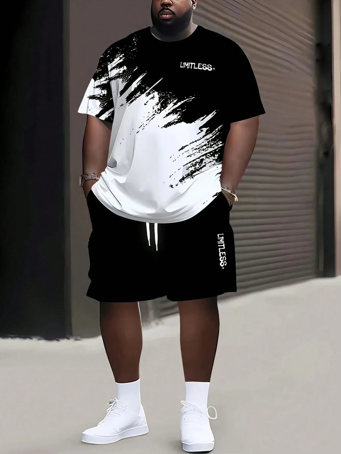 

Men's Plus Size Casual Sportswear Set Brushstroke Print T-Shirt And Drawstring Shorts
