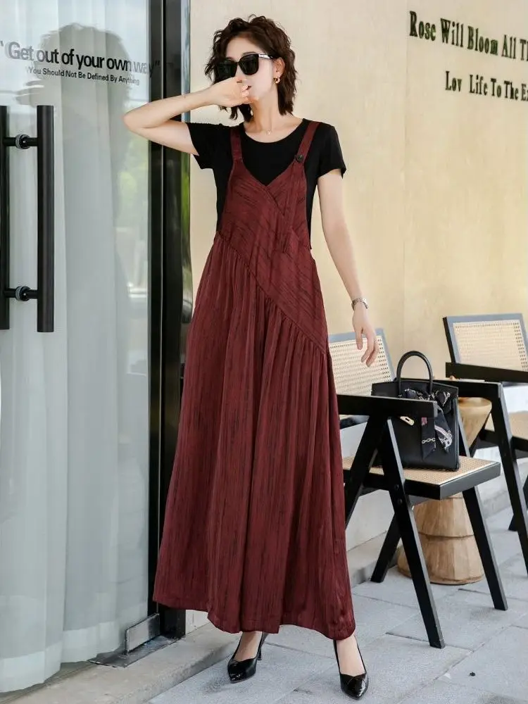 

Summer 2026 High-End Wide Leg Jumpsuit Vintage Wine Red Loose Slimming Mom Casual Sport Suit Ensemble Breathable Light
