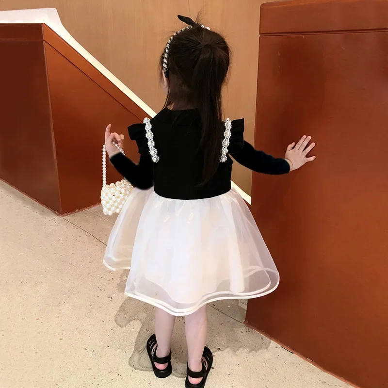 Kid Girl Dress Black Performance Style Top Pearl Fashion Shoulders Wedding Heart Shaped Buttons Girls White Tulle Skirt Children