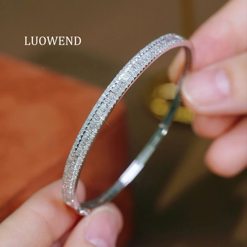LUOWEND 100% 18K White Gold Bangle Classic Design 1.20carat Real Natural Diamond Bangle for Women Wedding High Party Jewelry