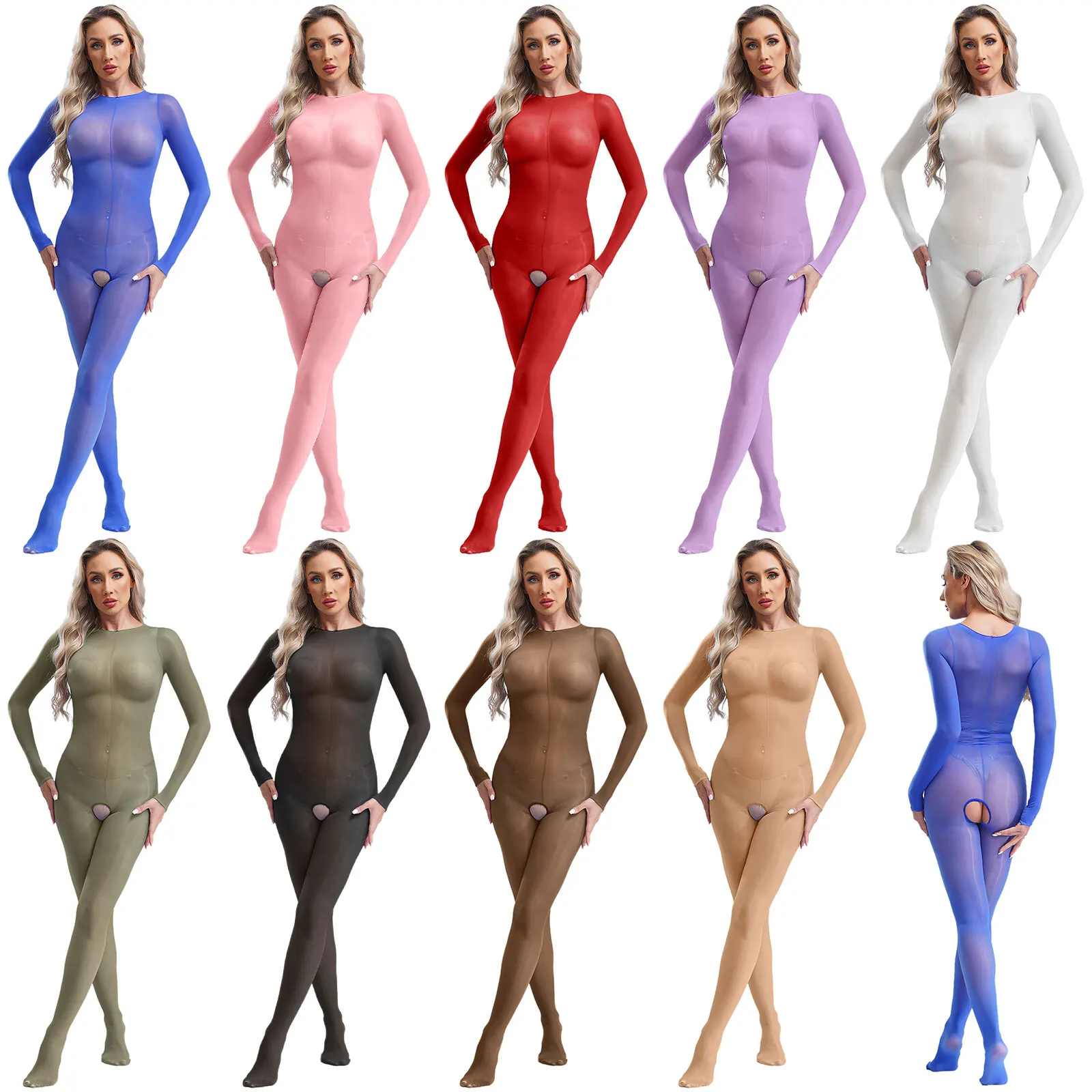 Women Stretchy Tights Bodystocking Long Sleeve Footed Jumpsuit See-through One Piece Catsuit for Nightclub Pole Dance Show