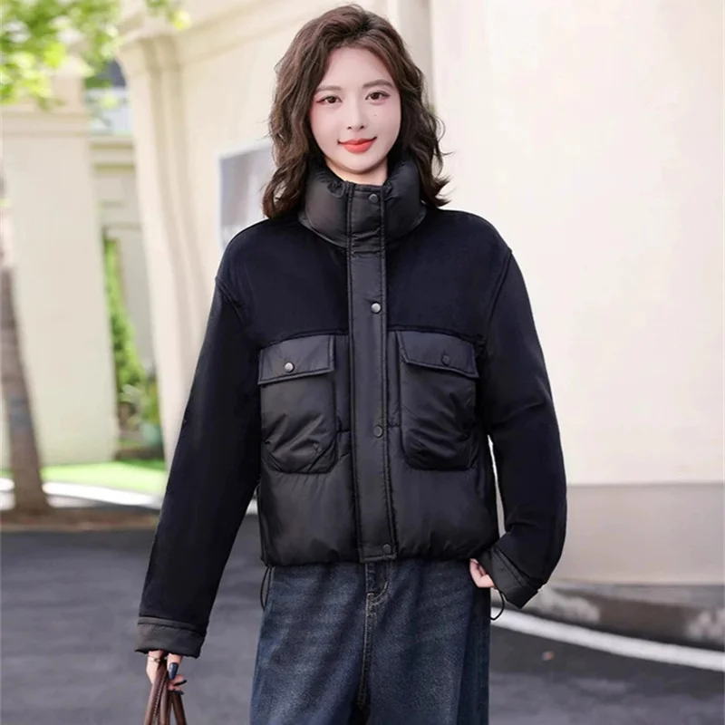 

2025 Fashion Splicing Color Cotton-padded Jacket Women's Black Short Parkas Autumn Winter Patchwork Stand-up Collar Loose Coats