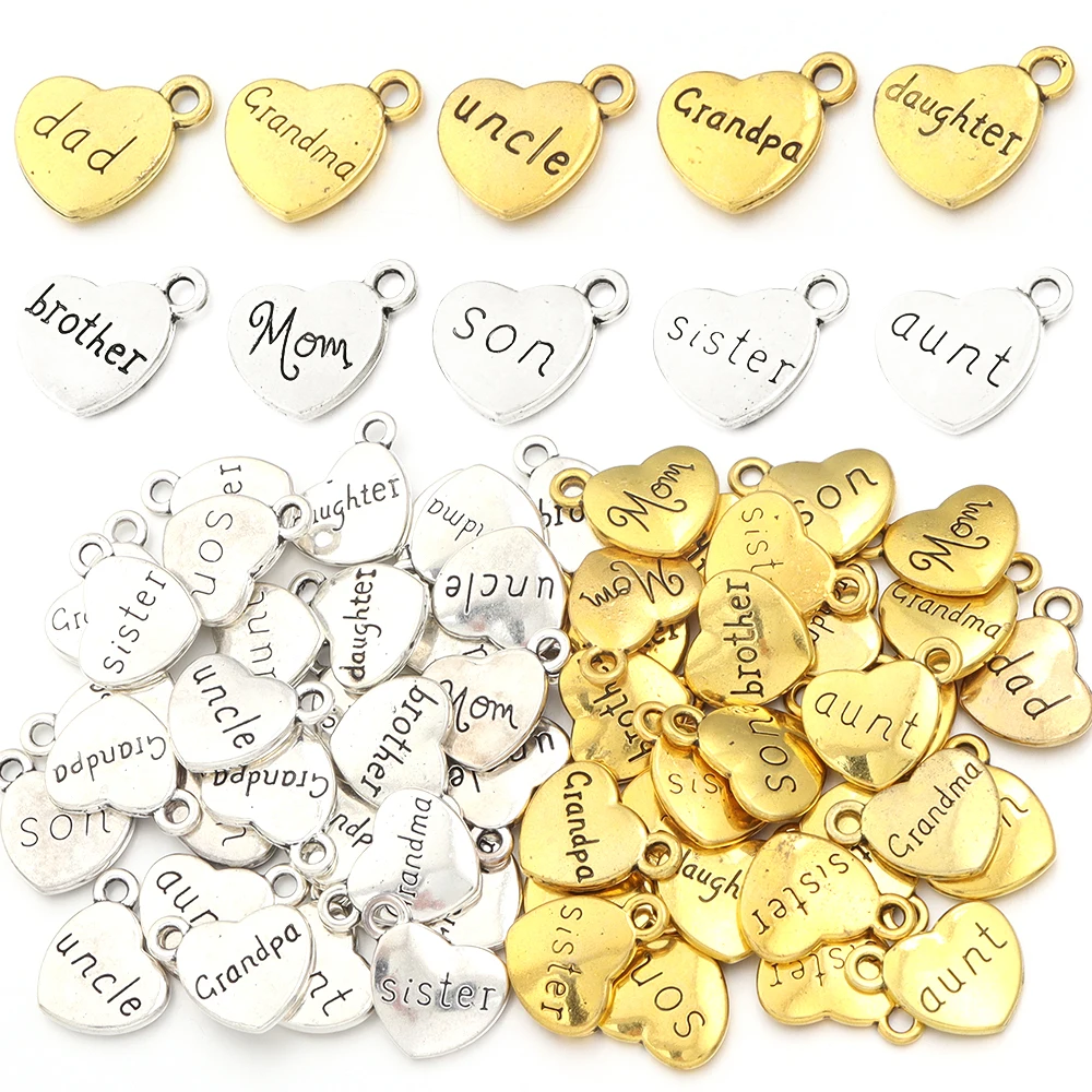 10set/lot Alloy Pendant Enamel Charms Mixed Antique Gold Silver Heart Charms Family Member Letter Charm for DIY Jewlery Makings