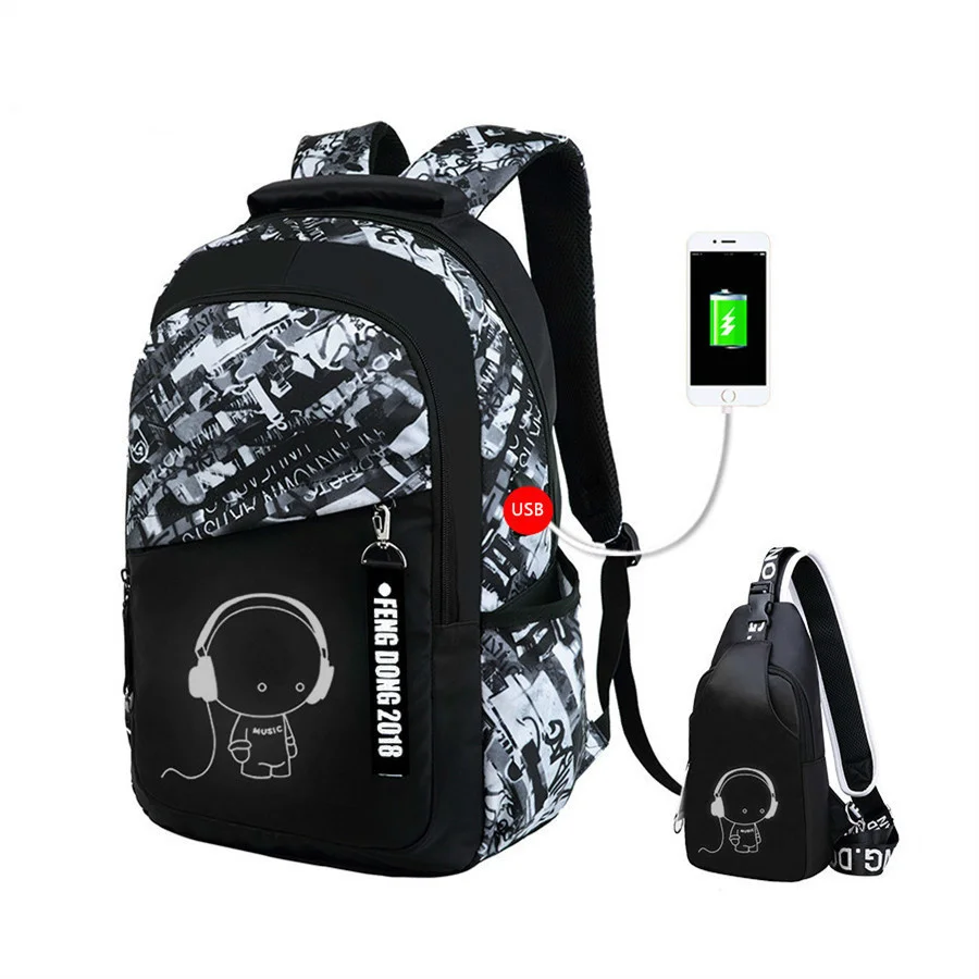 Luminous school bags waterproof large backpack for teenagers bagpack glowing boy student chest bag set