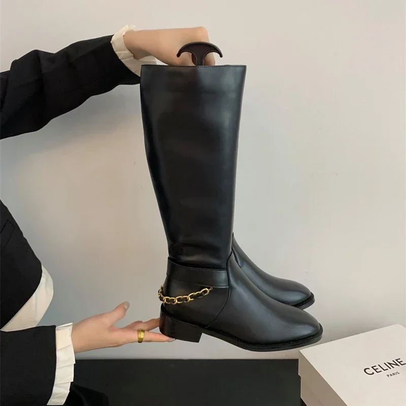 2023 Winter Women Long Boot Fashion Genuine Leather Ladies Knee-High Boots Shoes Square Low Heel Women's Black Knight Botties