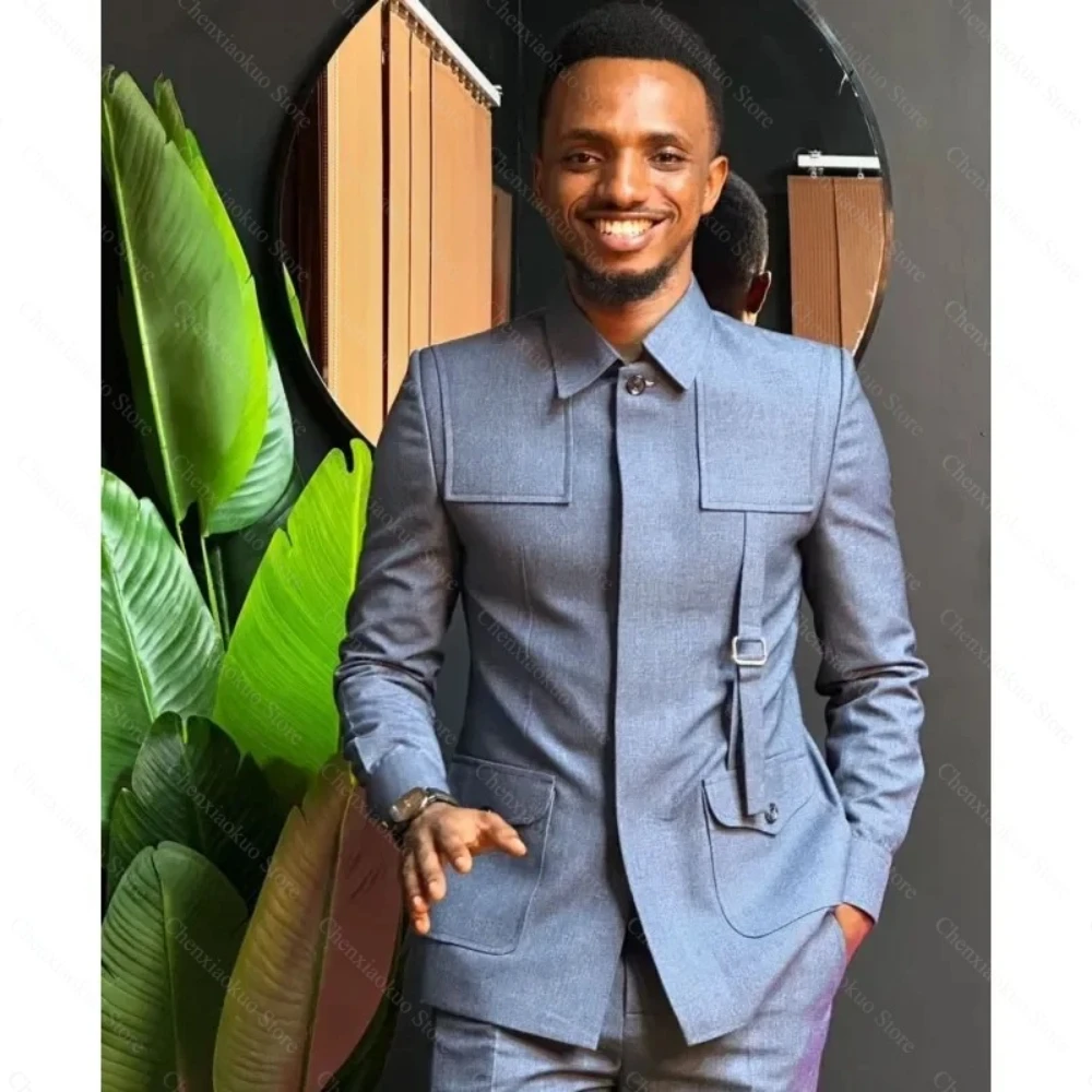 Men Suits Stand Collar 2 Pockets Outfits Fashion Style Wedding Party Clothing Custom Made Daily Casual Male Suit 2 Piece