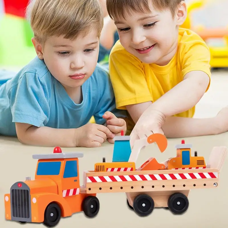 Juego de juguetes de camión de construcción de madera, juguetes de coche de madera, juguetes de construcción con colores brillantes, resistentes al desgaste para niños y niñas