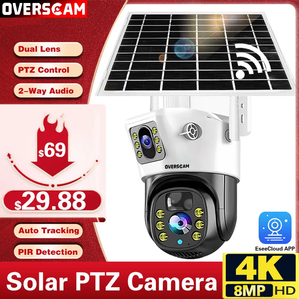 

EseeCloud APP 4K 8MP Wifi PTZ solar CCTV wireless camera CCTV outdoor WIFI solar camera 360 built-in battery IP66 waterproof