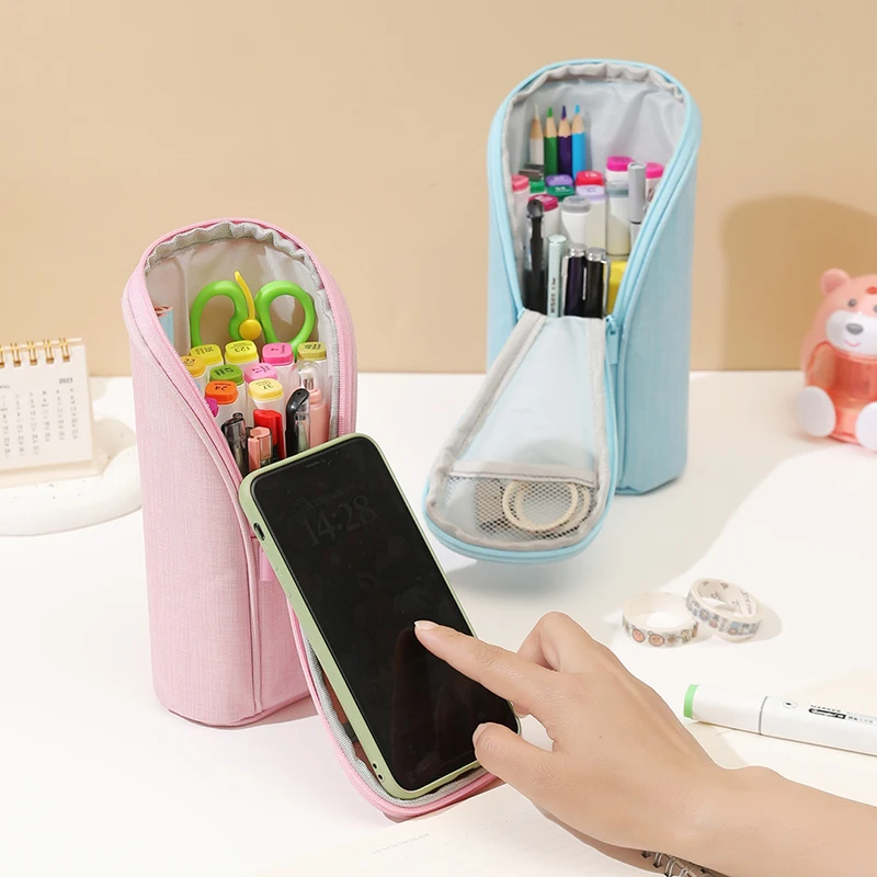 Creative Standing Pencil Case Cute Large Capacity High School Students Stationery Bag Simple Solid Zipper Cosmetics Bag Kid Gift - Image 5