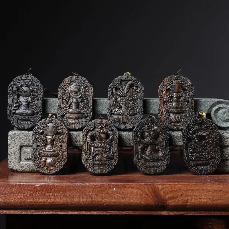 Agarwood wood carving of the eight zodiac guardian deities, pendant for hanging, car accessory, wooden art