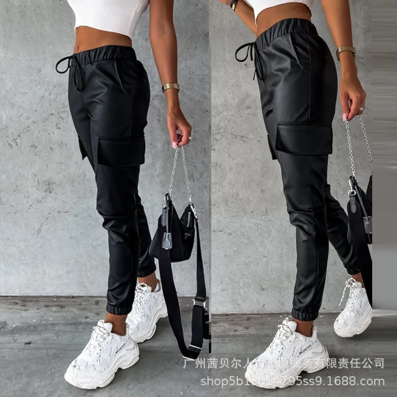 

2024 PU Leather Skinny Pants Women Patch Lace Up Pencil Pants Slim Bodycon Sheath Long Trousers Leggings Sexy Pocket Capris