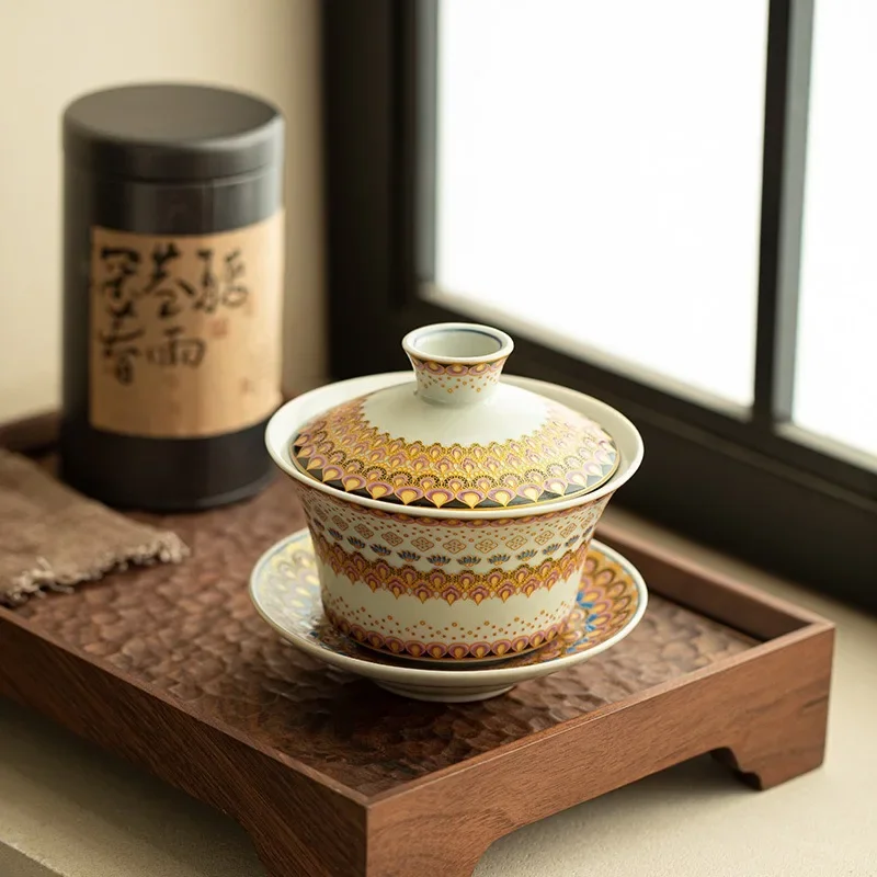 Jingdezhen Imitation Song Ru Kiln Enamel Color Tea Bowl Gold and Jade Full Hall Three Talent Cover Bowl Ceramic KungFu Tea Bowl