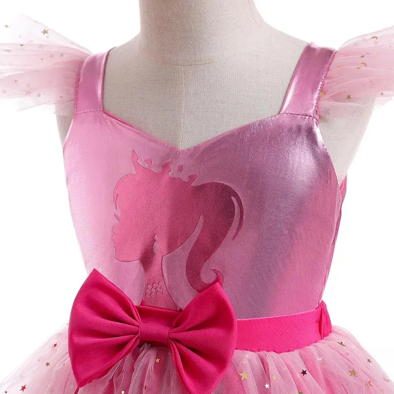 فستان تنكري صغير الأكمام مطبوع عليه فيونكة باربي جديدة للفتيات لحفلات التخرج، فستان شبكي أنيق وجذاب