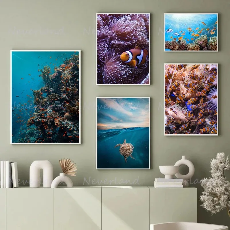 Deep Sea Underwater Fish Coral Reef Marine Organism Diver Poster Canvas Painting and Prints Wall Art Picture for Room Home Decor