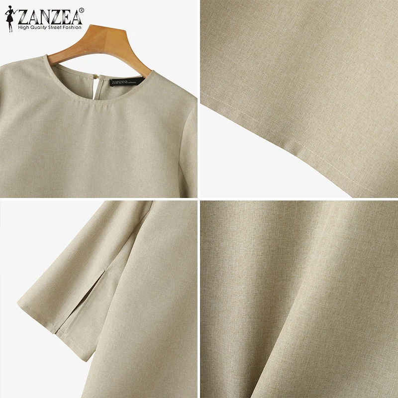 ZANZEA automne femmes Blouse couleur unie mode 3/4 manches décontracté ample fendu manchette tunique hauts coréen vacances tuniques Blusas Femme