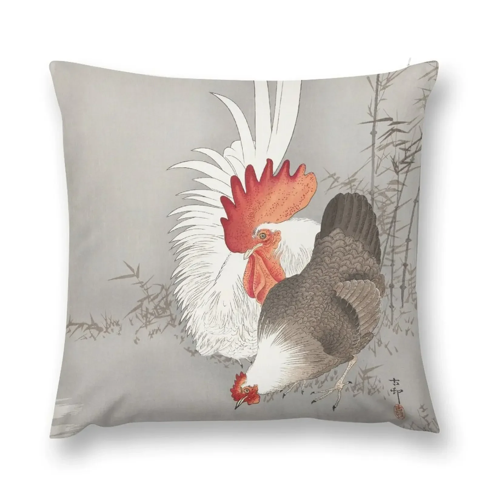 Japanese Painting of Rooster and chicken,Vintage Rooster and chicken Painting,Vintage Watercolor Painting of Bird, Throw Pillow