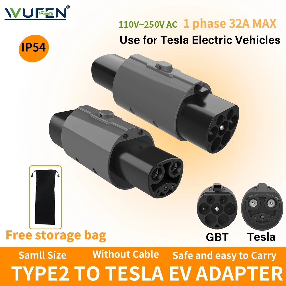 

WUFEN EV Charger 7KW Адаптер переменного тока Type2 к Tesla для Tesla Model 3/X/Y IEC62196-2 Адаптер для зарядного устройства Type2 EV к NACS Car