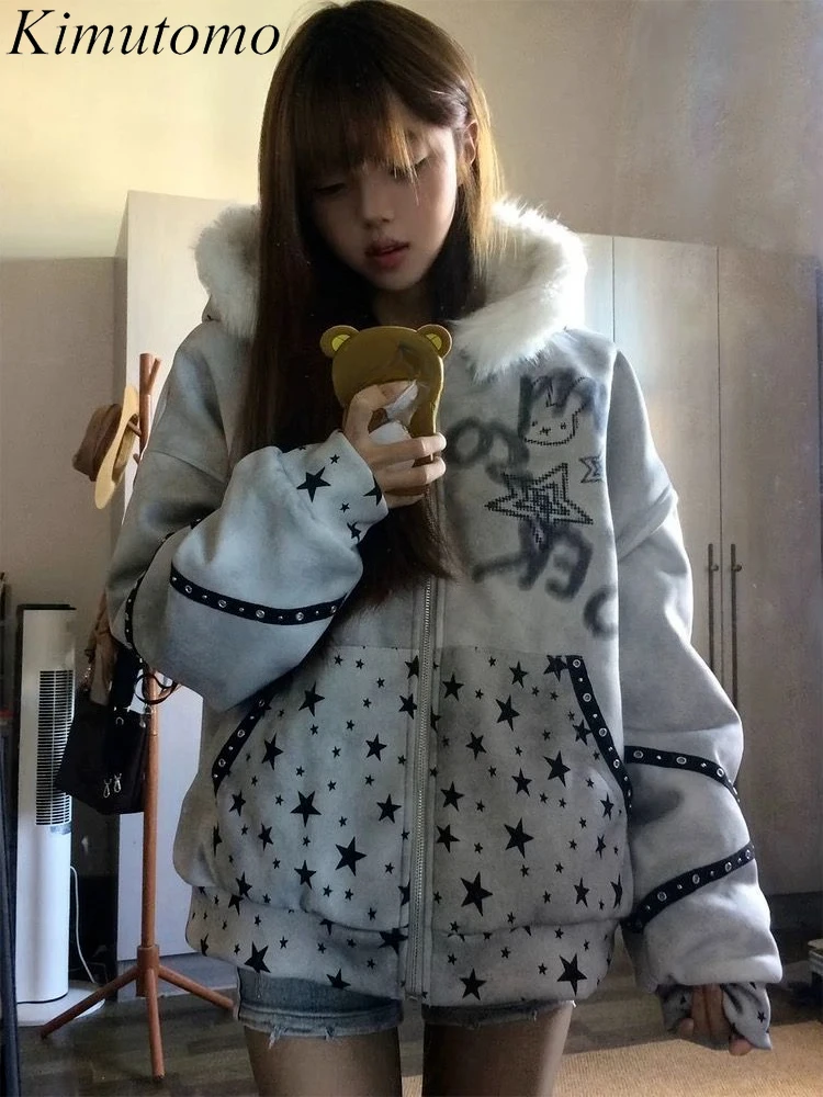 

Kimutomo Hoodies Women Cartoon Cat Graffiti Printed Autumn Winter Loose Outwear Sweatshirt Vintage Y2k Harajuku Jackets