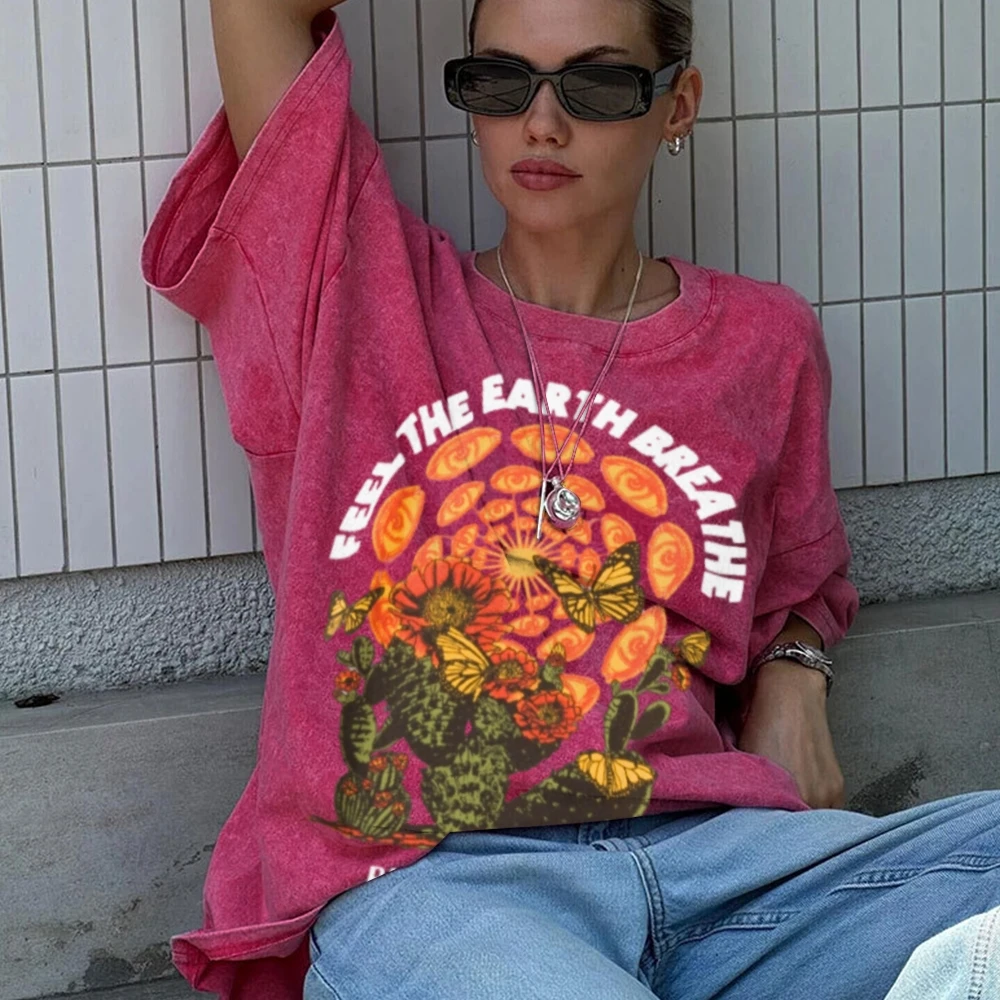 Contrast Color Sunflower Cactus Print T-Shirt Retro Casual Neutral Style Round Neck Oversize Shoulder Trend New Short Sleeve