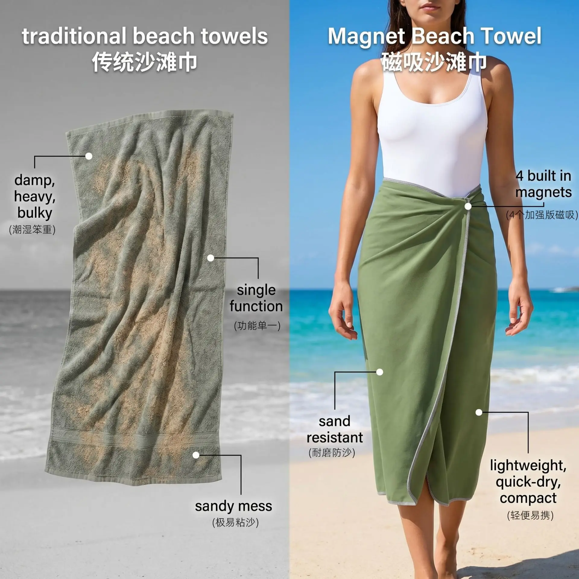 Magnet Design Quick-dry Microfiber Bath Towel Portable Outdoor Changing Beach Towel Swimming Travel Accessory