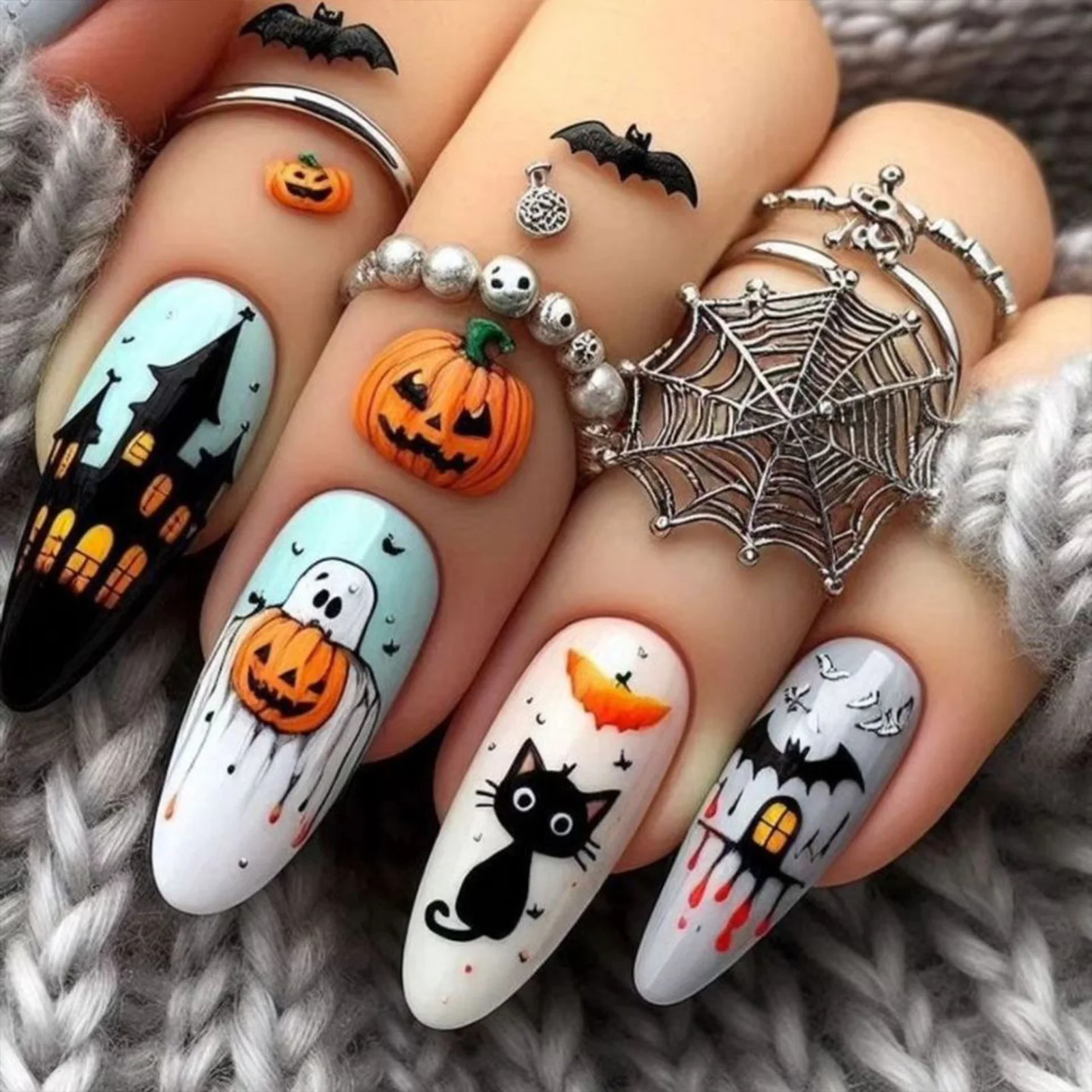 Fake Nails Resin Halloween Press on Nails Pumpkin Bat Design for Party Wear 24pcs Easy Apply Durable Gothic Nail Art Kit