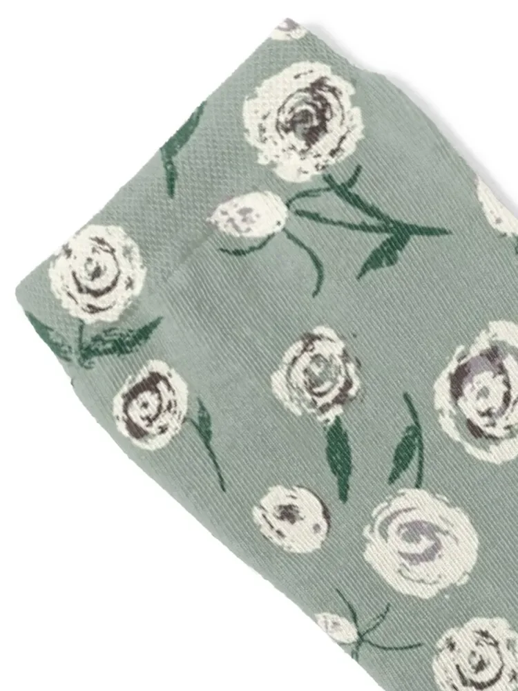 GREEN ROSES WHITE FLORAL - SAGE GREEN Socks designer brand Antiskid soccer essential Socks Female Men's