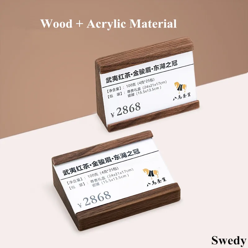 90x54mm Slant Wooden Acrylic Sign Holder Display Stand Table Number Menu Paper Label Holder Small Price Label Card Tags