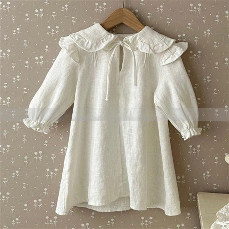 Stile coreano Autunno Neonate Abito da principessa Tinta unita Volant Grande risvolto Manica a sbuffo Abiti a trapezio Vestiti per bambini A2665