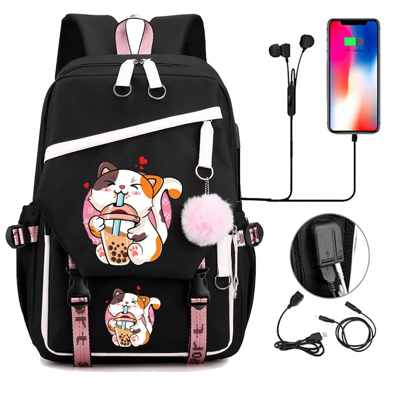 Teenager Bookbag for Girls School Girls School Bag Nylon Black Students Backpack Bubble Tea Funny Cat Bagpacks Laptop Mochila