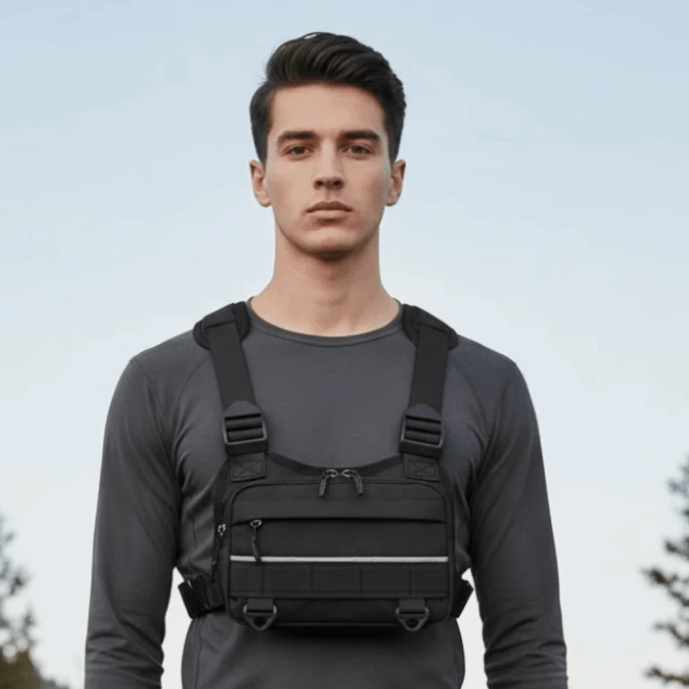 Oxford Cloth Unisex Chest Rig with Webbing Reflective Line Motorcycle Vest Pack Orange Cord Pull Dual Utility D-Ring