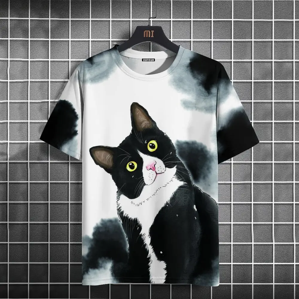 Men'S T-Shirts Cartoon Cat Print Cute Personification Cat Pattern Casual Short Sleeves Y2K Tees Tops Loose Female Clothing