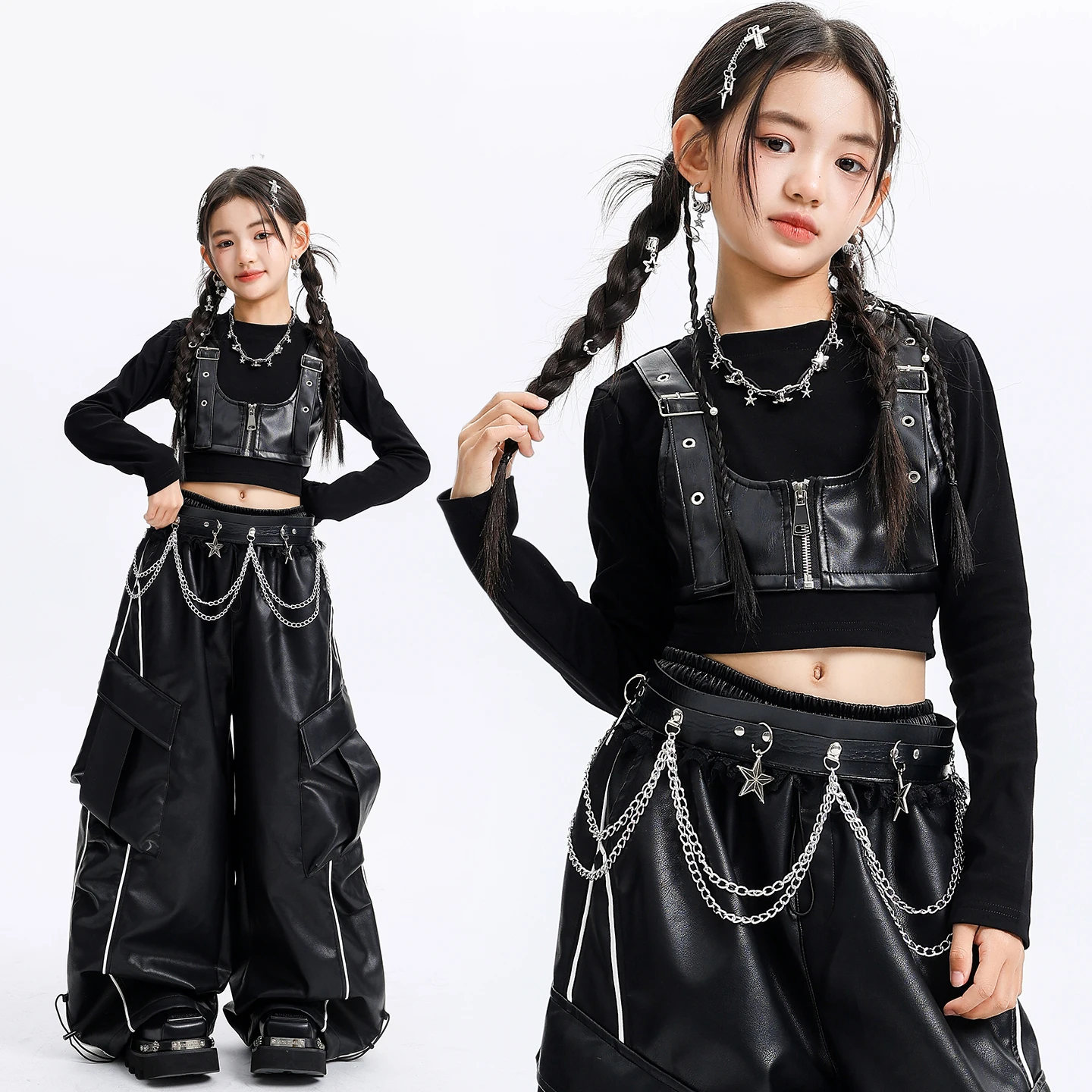 

2025 детский укороченный топ, свободные брюки, уличная одежда для джазовых танцев для девочек, черная одежда Kpop, одежда для танцев в стиле хип-хоп, рейв, DQS21343