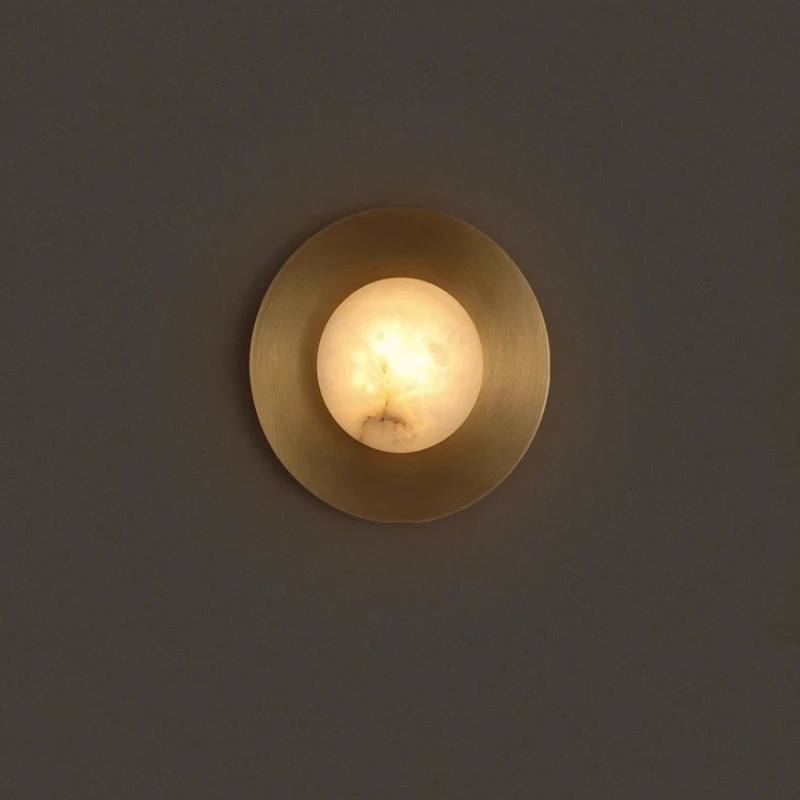 American Brass Wall Lamp Natural dolomite Lights Living Room Sofa Bedside Marble Stone Wall Sconce，Indoor Round Decor Lighting