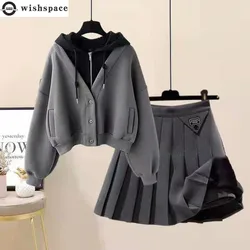 Autumn and Winter Set Women's New Korean Version Slimming Fake Two-piece Jacket Age Reducing Pleated Skirt Two-piece Set