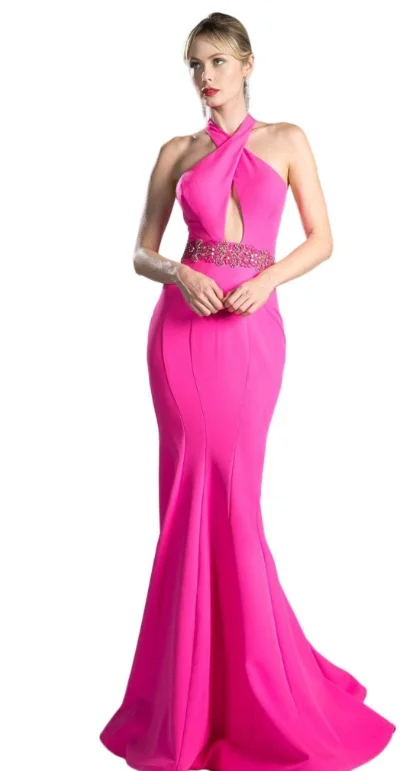 Vestidos de Noche de Lujo para Mujer, Color Rosa Fucsia, Cuello Halter con Abertura en Forma de Llave, Cinturón con Pedrería, Satén, Estilo Sirena, Vestidos Formales para Graduación ​