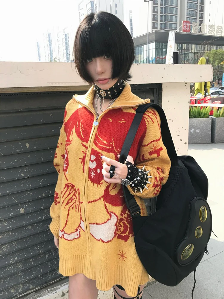 Japanese Kawaii Cartoon Girl Print Sweaters Loose Y2k Women Streetwear Harajuku Coats Grunge Casual Vintage Knitted Cardigans