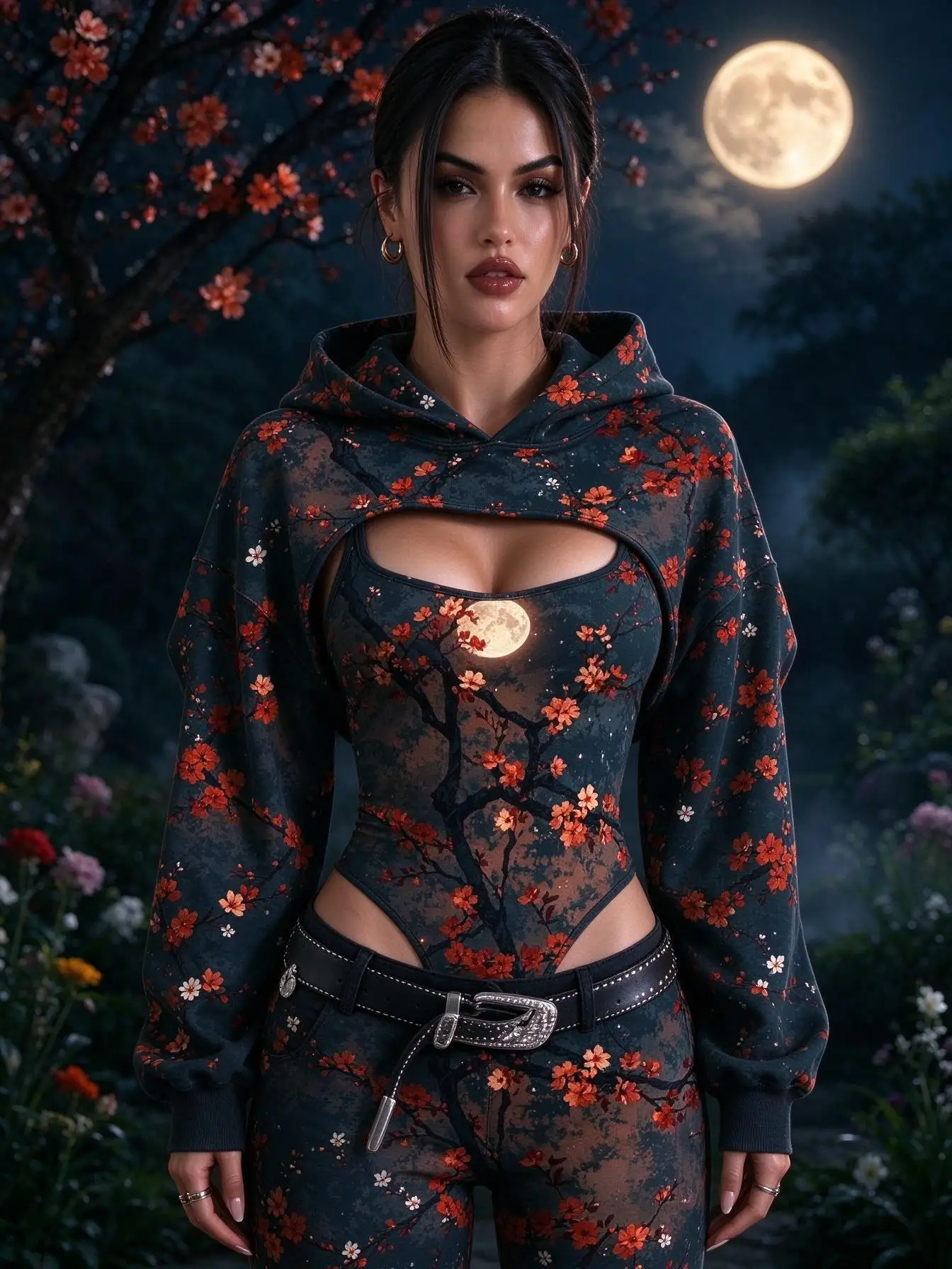 Trendy Dark Floral Women Matching Set, Long Sleeve Hooded Shrug Bodysuit Trousers