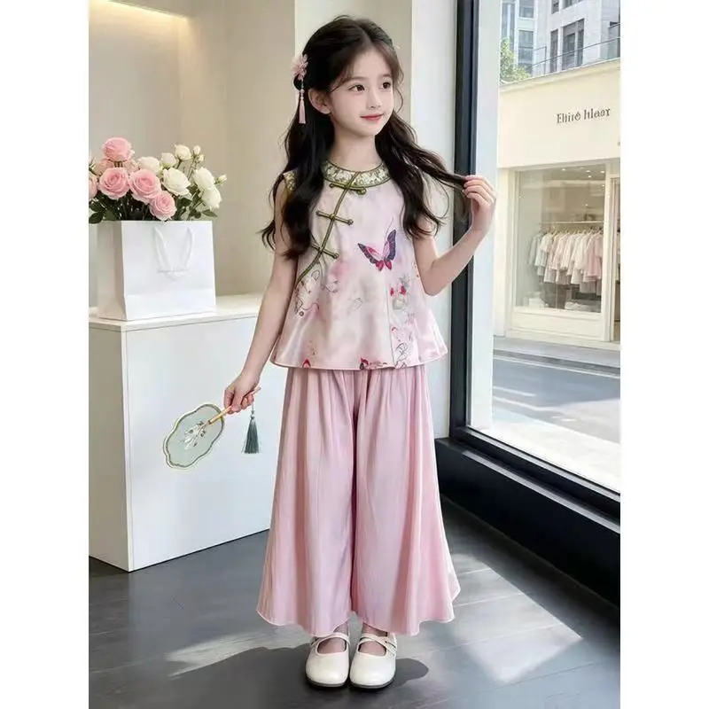 Girls Chinese Style Set 2026 Summer New Kids Cool New Chinese Butterfly Sleeveless Top Pants Two Piece Set