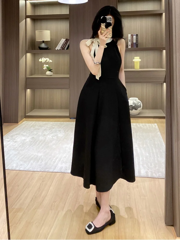

SMTHMA New Fashion Hanging Neck Lace Up Summer Dress Women's Sleeveless Vest Black Elegant Long Dresses Vestido Da Festa